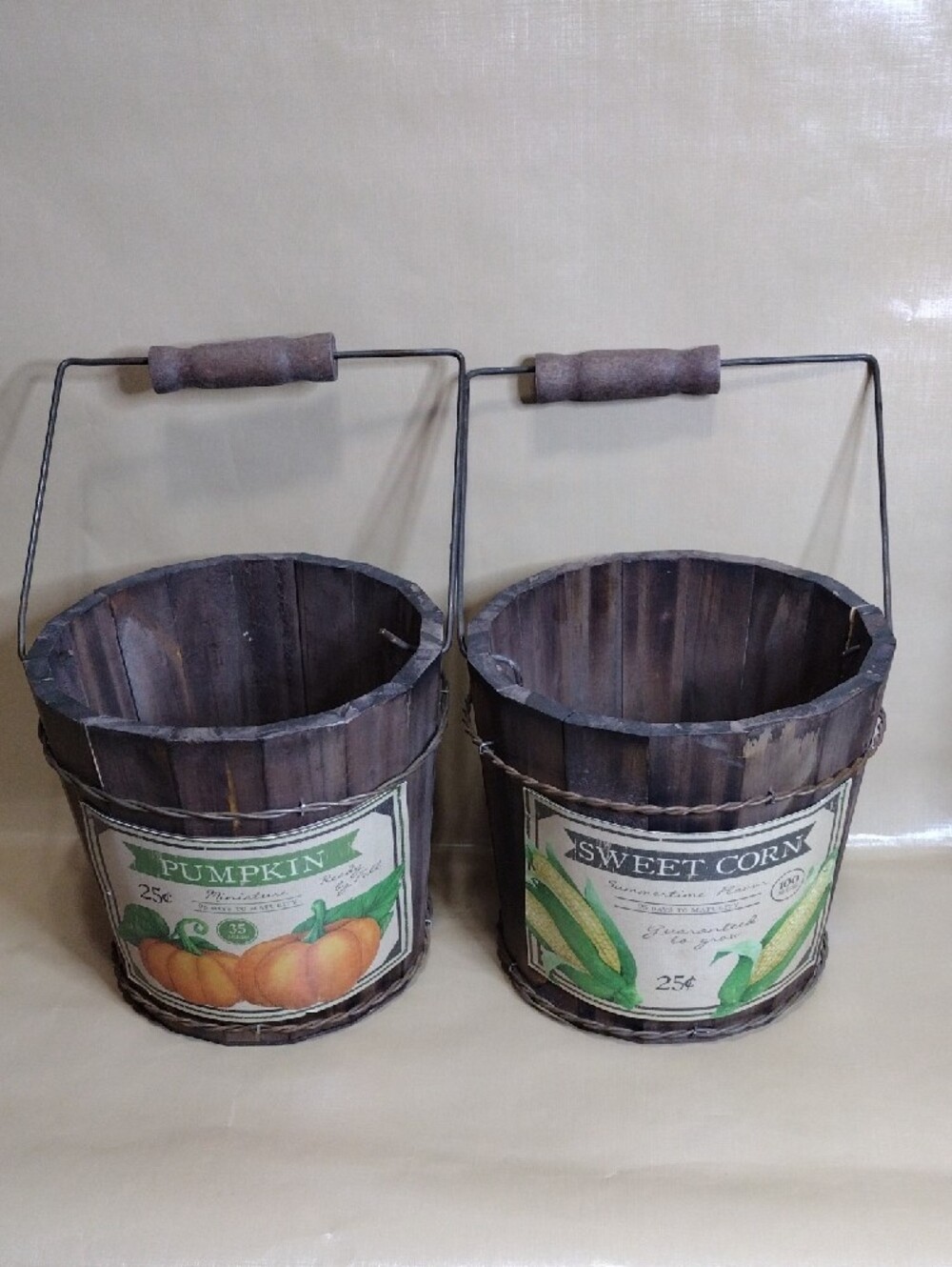 Rustic Pumpkin & Sweet Corn Wooden Bucket Set Fall Harvest Farmhouse Decor